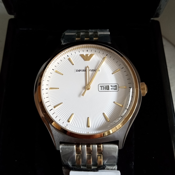 Emporio Armani Zeta AR11034 White Dial Gold Tone Bezel Metal Bracelet Mens Watch - Picture 3 of 15